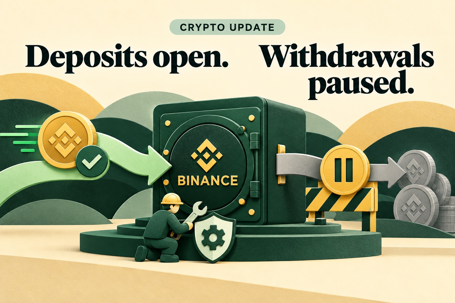 Een groene Binance-kluis met een open inkomende pijl en een afzonderlijke uitgaande pijl met goudgeel pauzeteken.