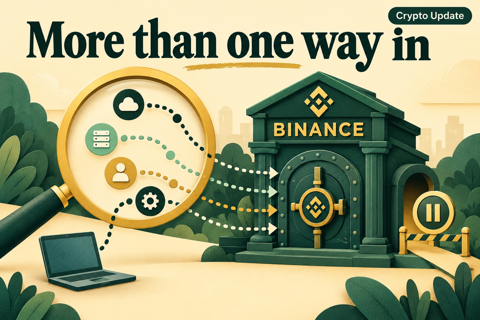 Symbolische illustratie: een gouden vergrootglas onderzoekt meerdere routes naar een groene Binance-kluis; een pauzeteken verwijst naar de opnames.