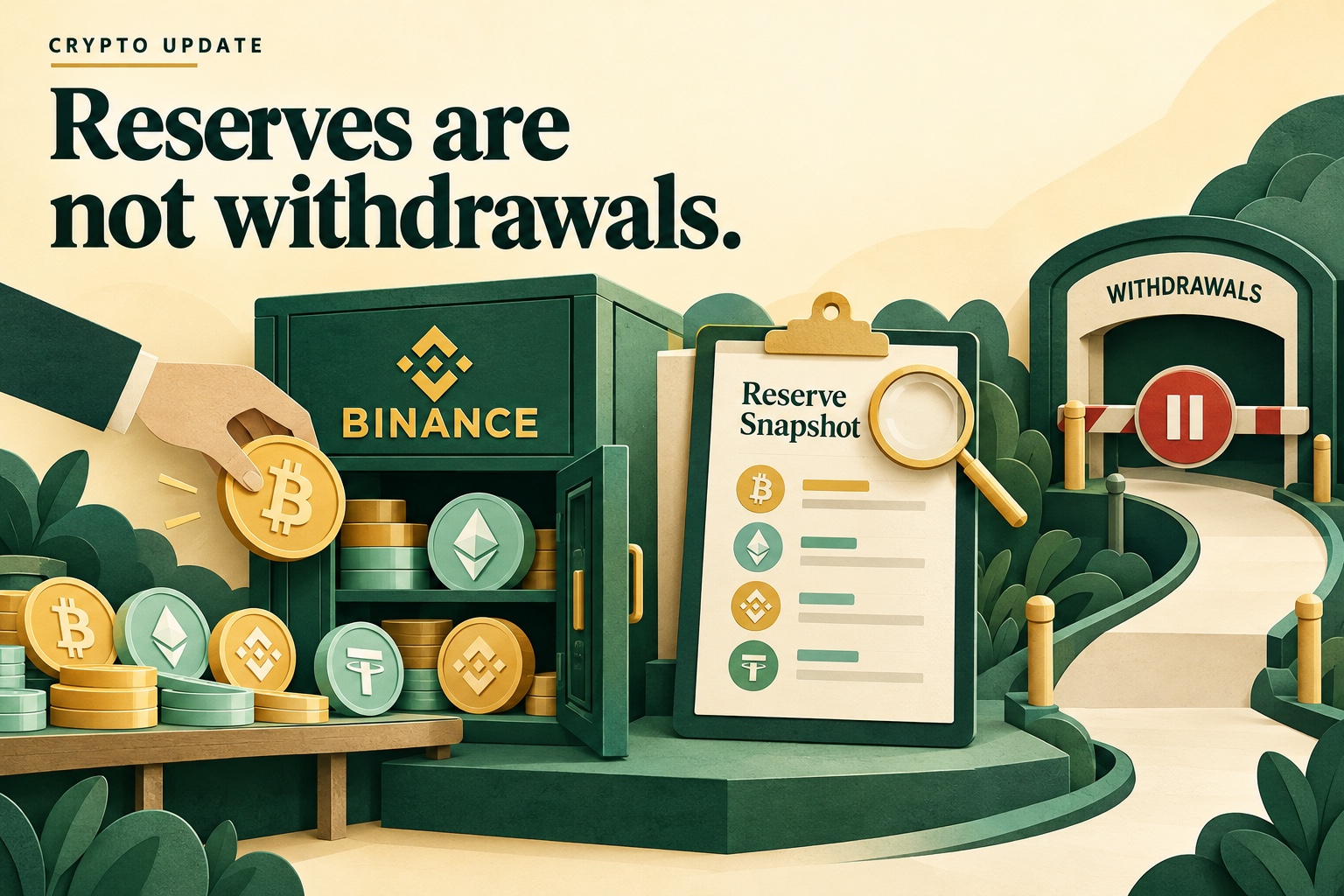 A green Binance reserve cabinet is replenished beside a reserve snapshot and gold magnifier, while a separate withdrawal exit remains paused.
