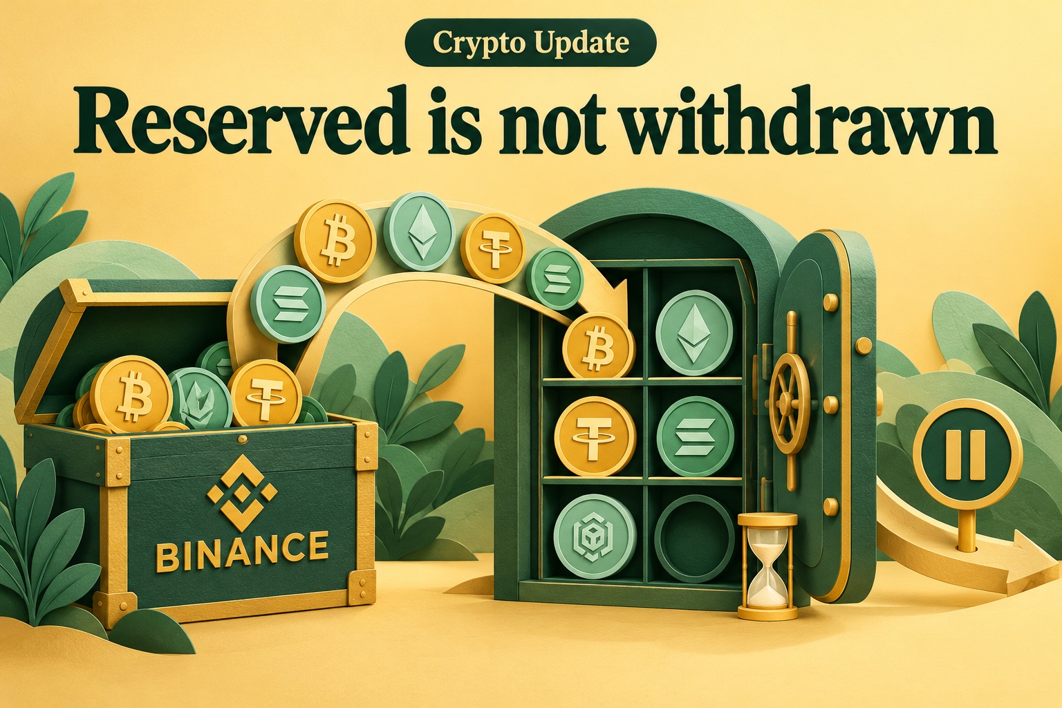 Symbolische groene Binance-reservekist vult vakken met cryptomunten; een leeg vak en een pauzeteken tonen dat aanvullen en opnemen verschillend zijn.