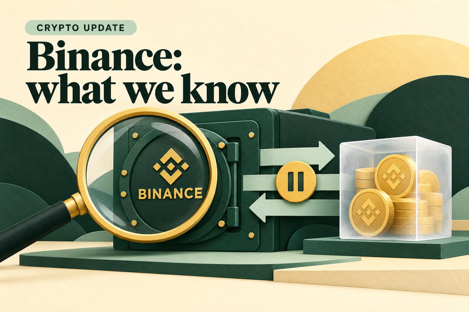 Een groene Binance-kluis onder een vergrootglas, gepauzeerde pijlen en goudgele munten in een bevroren blok, als illustratie van onderzoek en ingeperkte geldstromen.