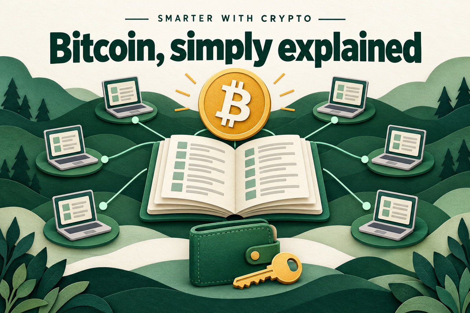 Un registre partagé relié à des ordinateurs, un symbole Bitcoin doré et un wallet avec une clé. Texte : Bitcoin, simply explained.