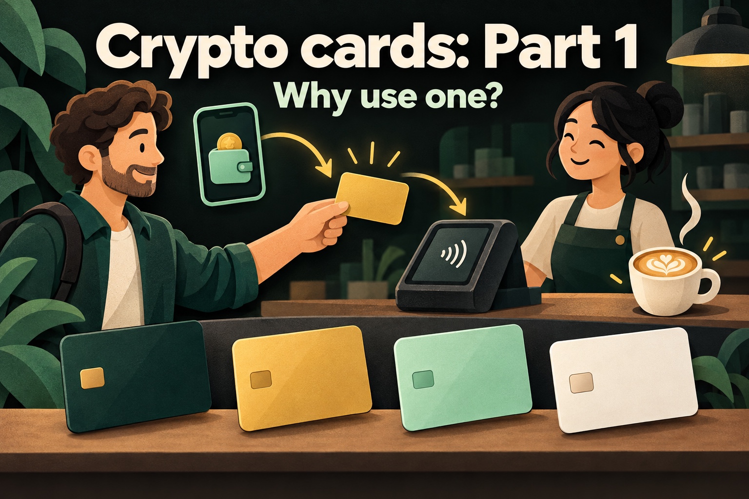 Een persoon betaalt koffie met een kaart met gouden accent; een wallet is verbonden met een betaalterminal en vier algemene kaarten tonen de opties.