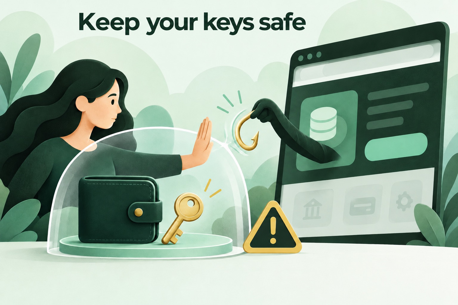 Een persoon houdt een verdachte website tegen, terwijl een wallet en sleutel achter een beschermende barrière blijven.