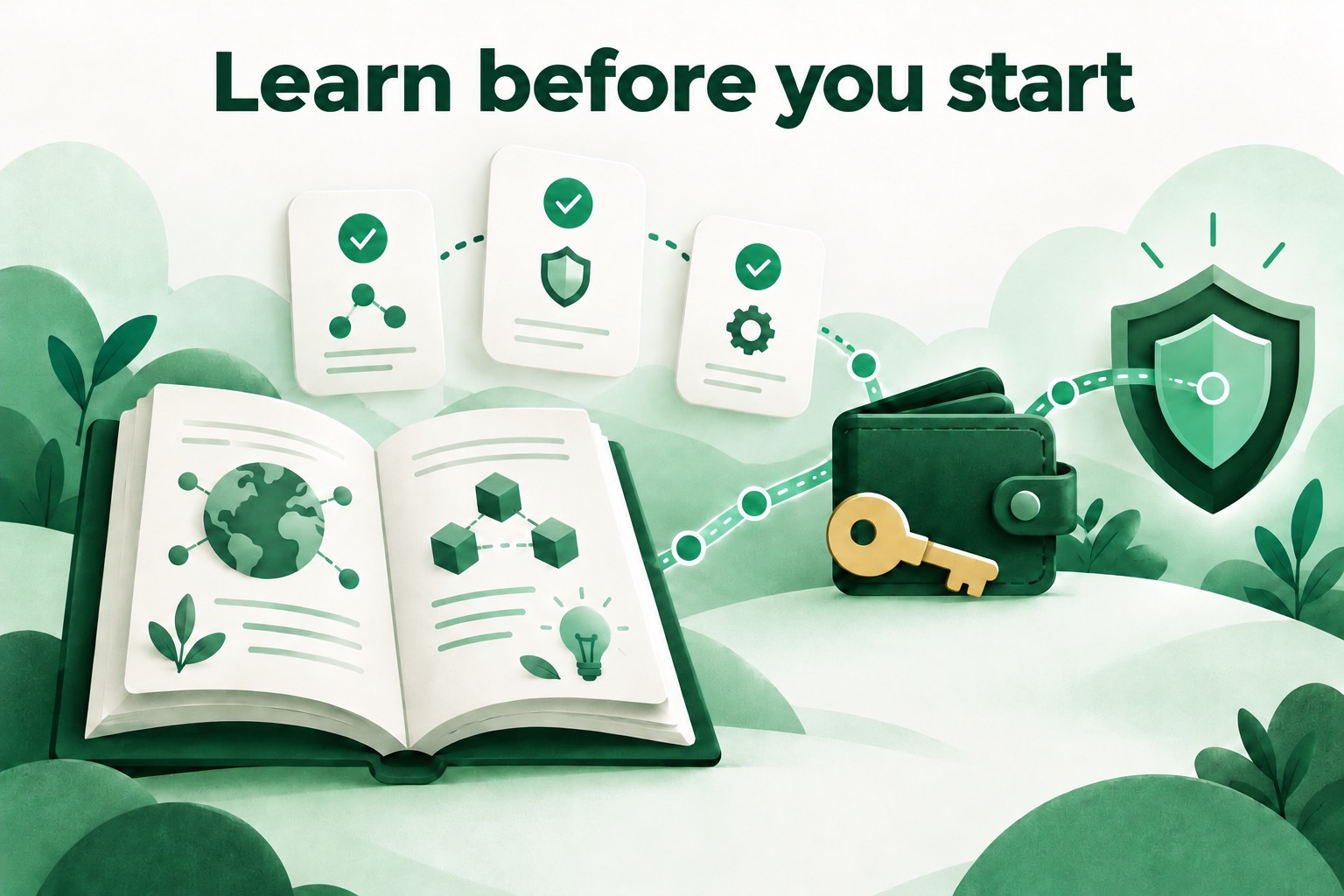 Een open leerboek, drie quizkaarten, een wallet en een schild: crypto begrijpen vóór je handelt.