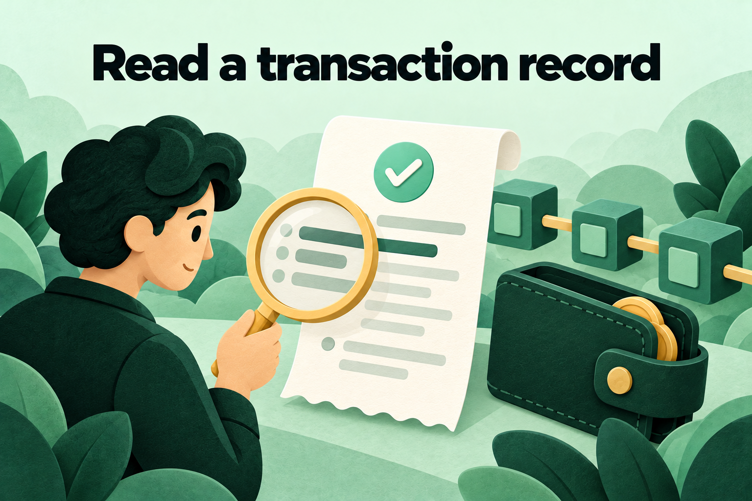 Een lezer onderzoekt een transactierecord met een gouden vergrootglas naast een wallet en verbonden groene blokken.