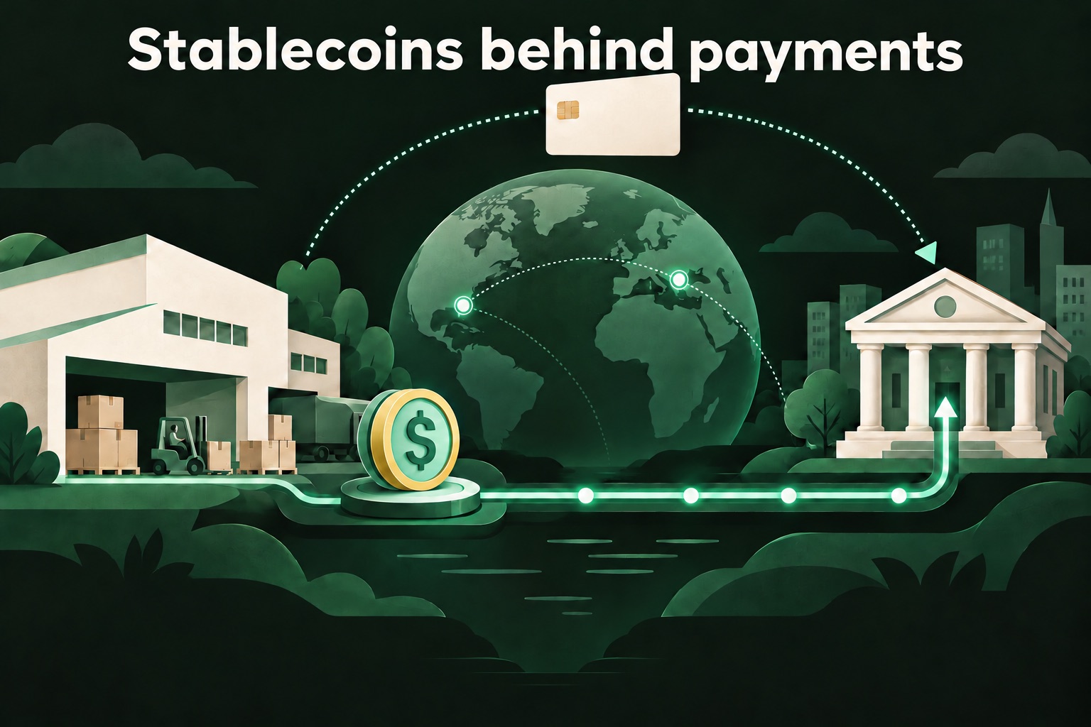 Digitale dollars financieren een betaalroute van een bedrijf via een wereldbol naar een bank, achter een gewone betaalkaart.